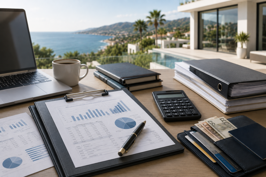 Financial documents and income verification setup for obtaining a Spanish mortgage for a luxury villa