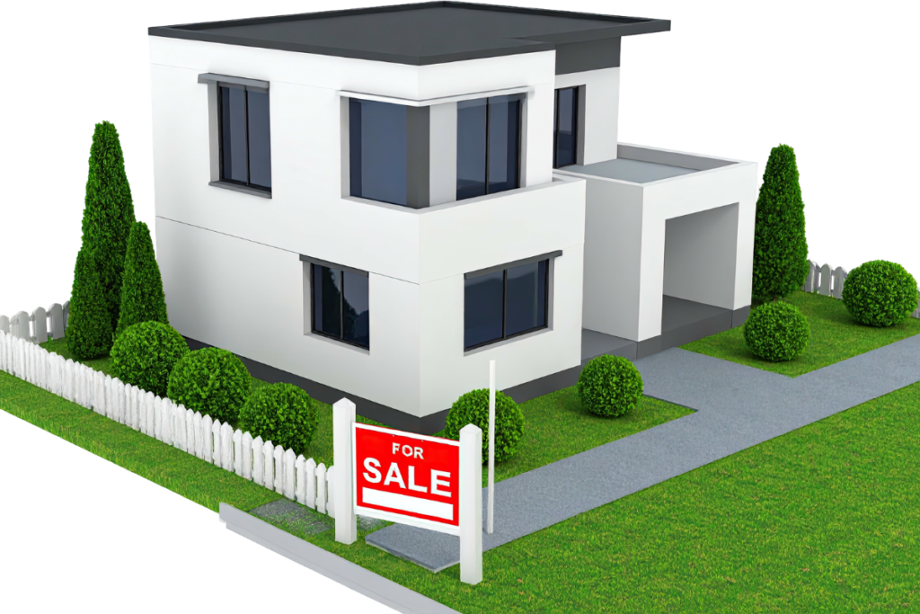 modern house model with for sale sign representing villa investment in Spain
